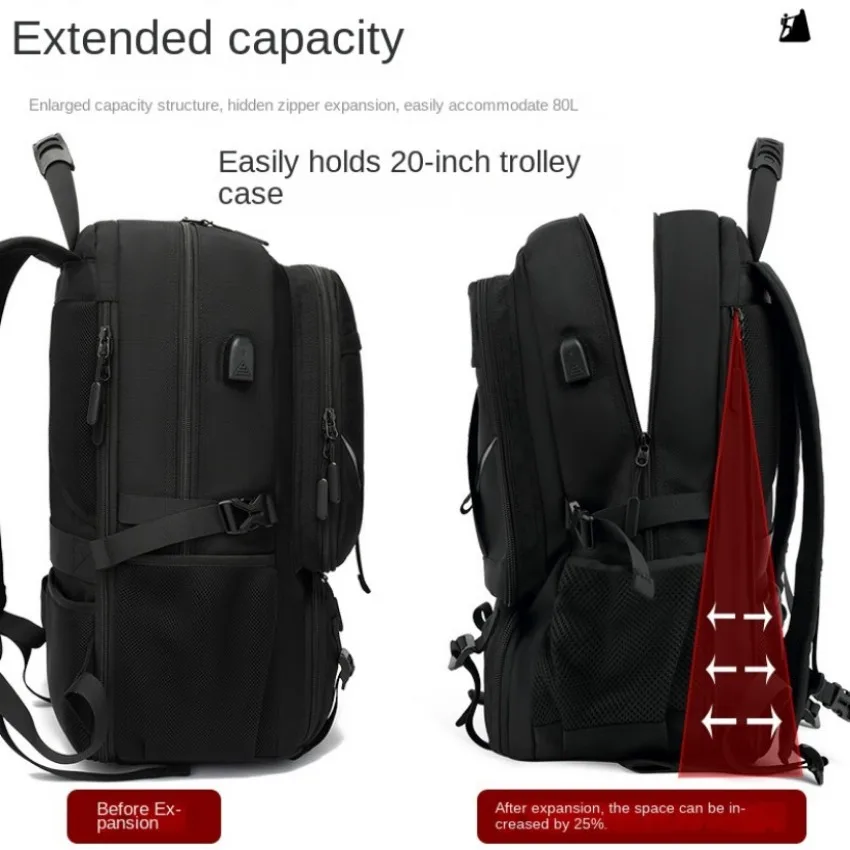 Mochilas de Negócios Expansíveis com Bolso para Sapatos Masculinos, Mochila de Viagem, Carregamento USB, Multifunções, Caminhadas, Laptop, 50L, 60L,