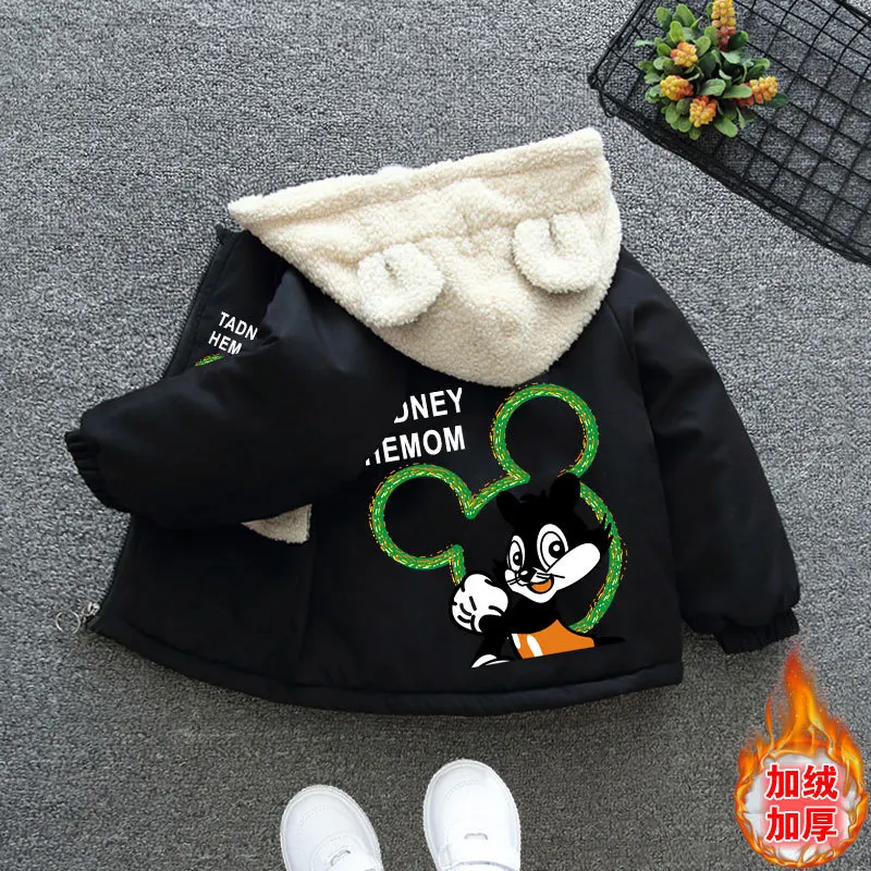 2023 Winter Plus Velvet Warm Boys Coat Cartoon Mouse Hooded Jacket For Kids Children Outerwear Clothing Birthday Present