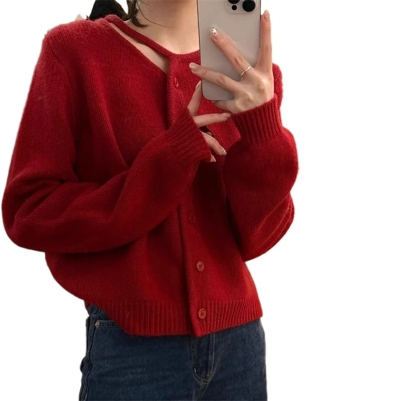 

Модный милый кардиган, корейский свитер, красный, с круглым вырезом, женские вязаные топы, весенне-осеннее однобортное повседневное пальто
