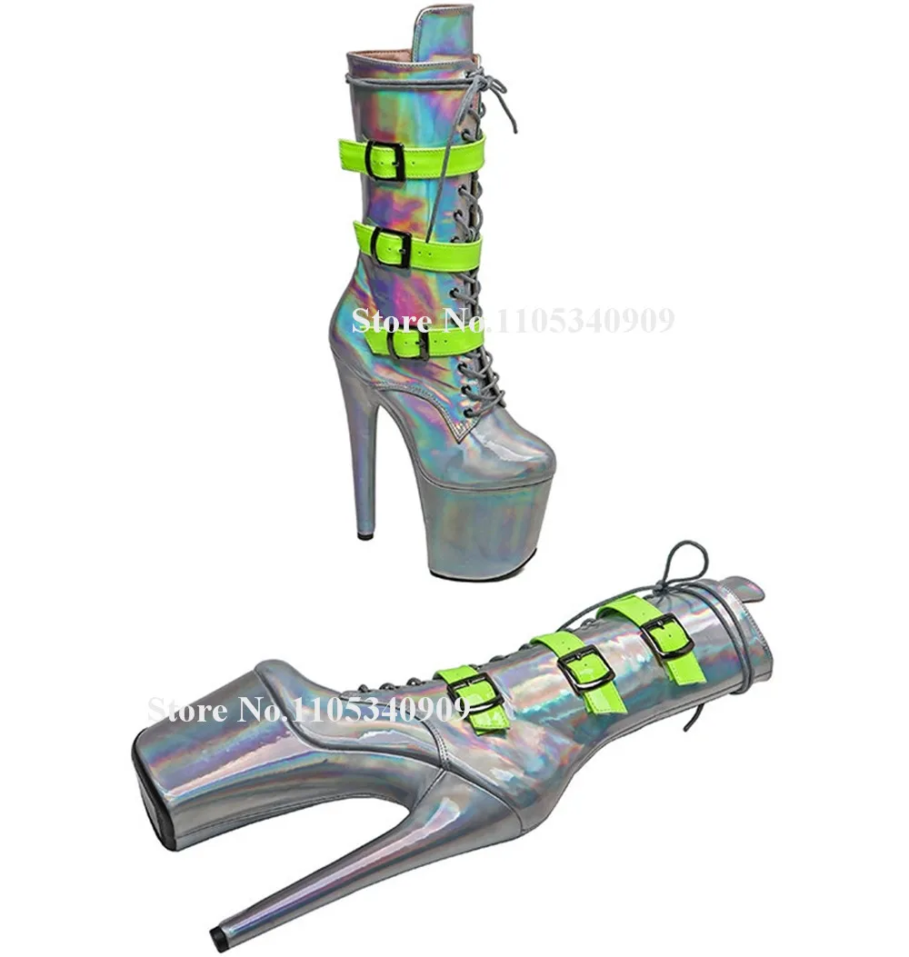 Bondarenko Silver Hologram Iridescent Leather Thin Heel Short Boots Round Toe Lace-up High Platform Stiletto Dance Shoes