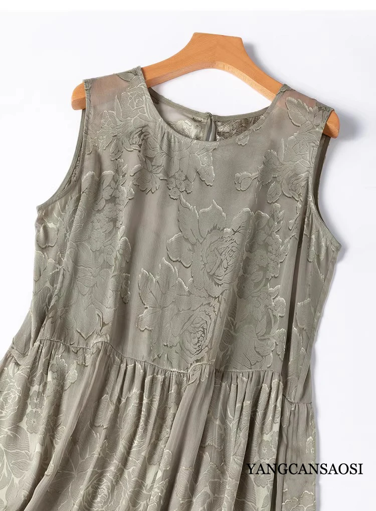 Damska odzież codzienna, sukienka typu tank top, luźna, w kształcie litery A, bez rękawów, z jedwabiu morwowego 100% naturalnego, z motywem kwiatowym, z efektem półprześwitu.