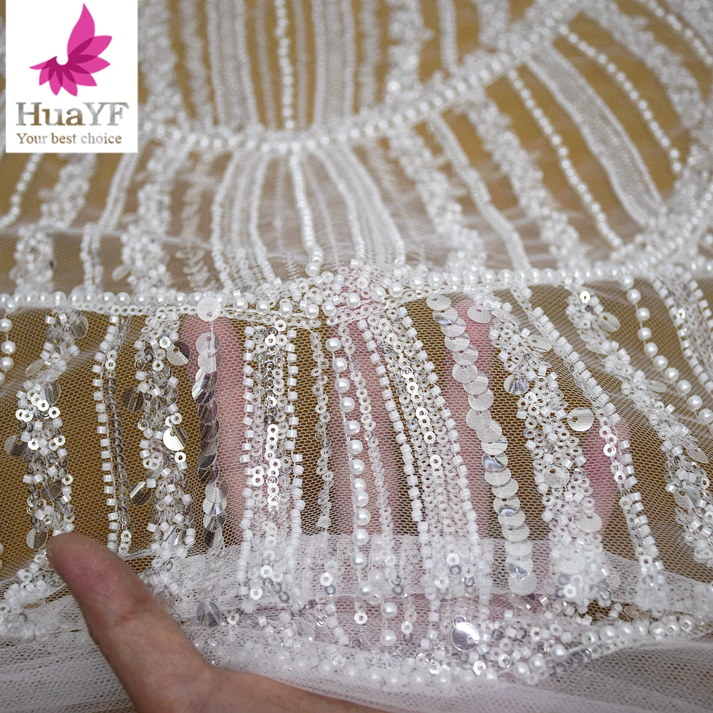 2023 Latest Bridal beaded tulle lace fabric with pearls for women wedding dress HY2742