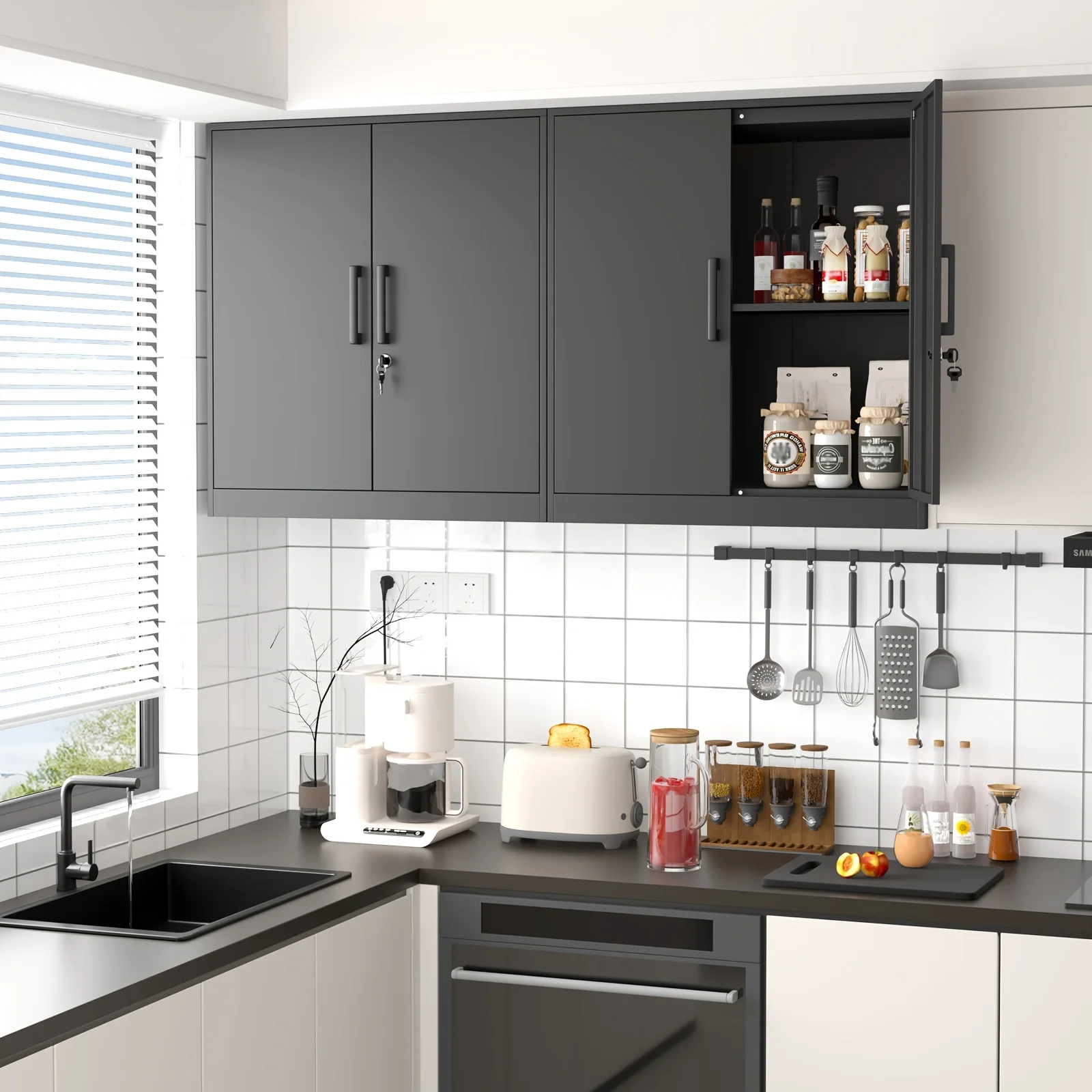 Heavy-Duty Lockable Metal Storage Cabinet with Adjustable Shelves - Wall-Mountable or Freestanding Suitable for Home Office