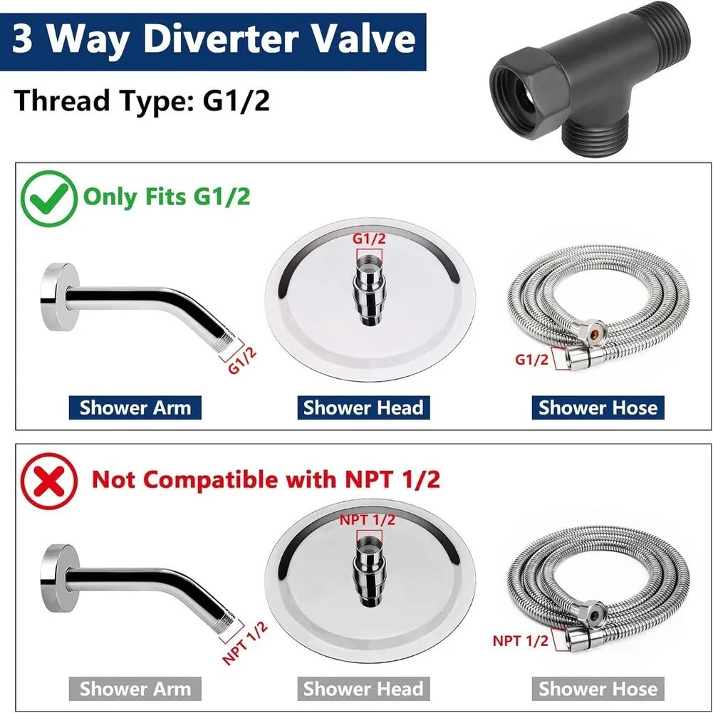 G1/2 Thread Brass Shower Diverter Valve 3-Way for t Configuration for Seamless Switching Between Fixed Shower Head and Handheld