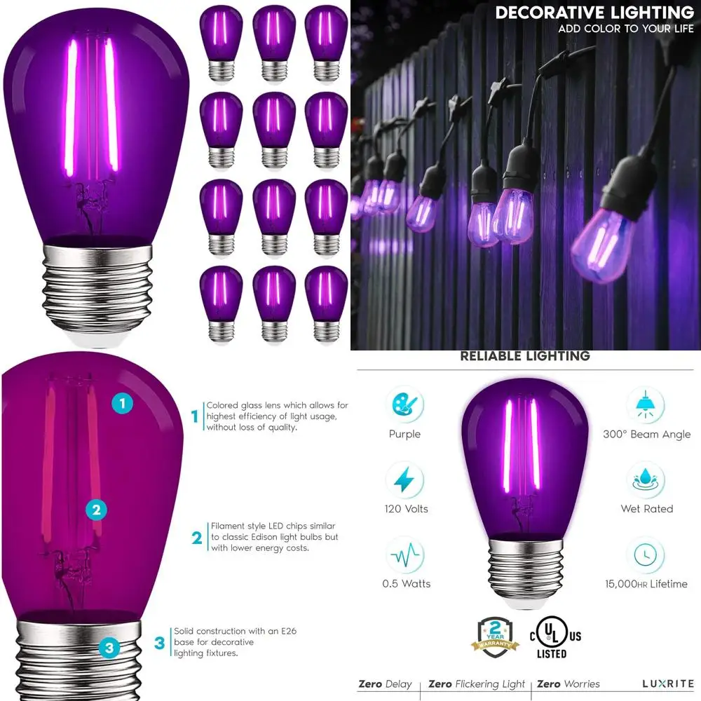 

Set of 12 0.5W Purple LED Bulbs for Outdoor/Indoor String Lights, UL Certified, E26 Base, Ideal for Decorations and Holidays