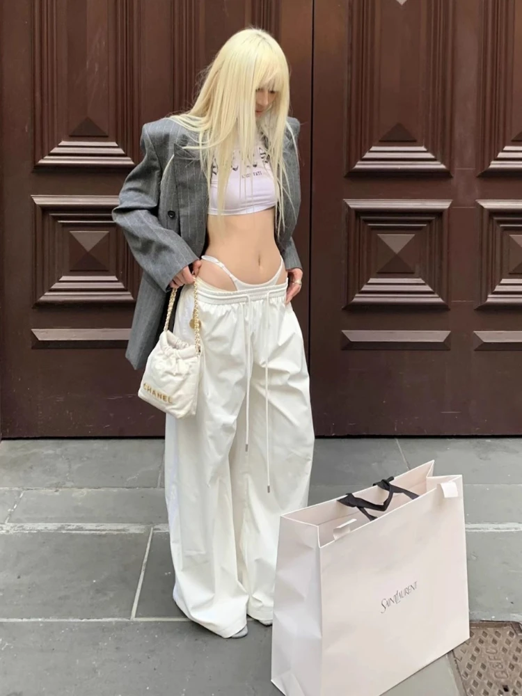 White Fake Two-Piece Pants -Mesh Underwear Trim High Waist Wide Leg Y2K Streetwear Casual Oversized Loose Trousers Spring Summer
