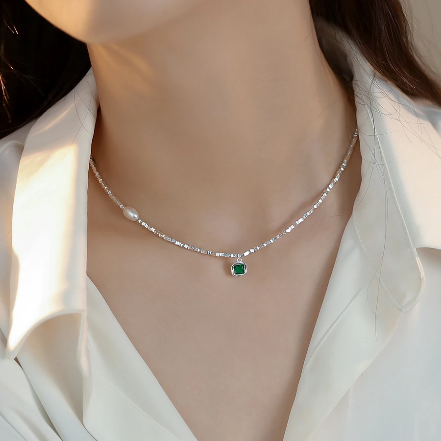 

Lii Ji Choker Necklace Hematite Pearl Green Zircon Pendant 925 Sterling Silver Women Necklace