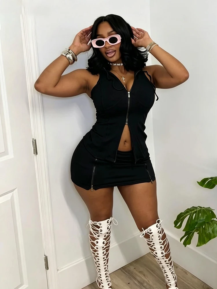 

Kliou Zipper Patchwork 2 Piece Set Woman Sexy Cardigan Drawstring Hooded Tops+Skinny Wrap Hip Mini Skirts Street Fashion Suits