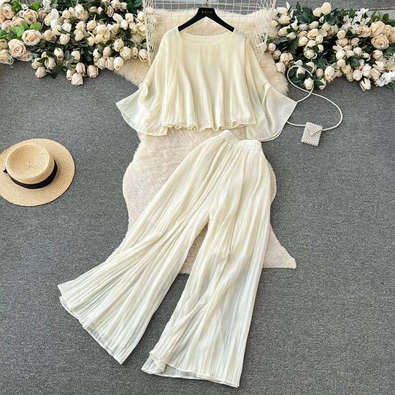 

Retro Hepburn Style Mature Fashion Set for Women's Summer Loose Short T-Shirt+high Waist Hanging Long Pants