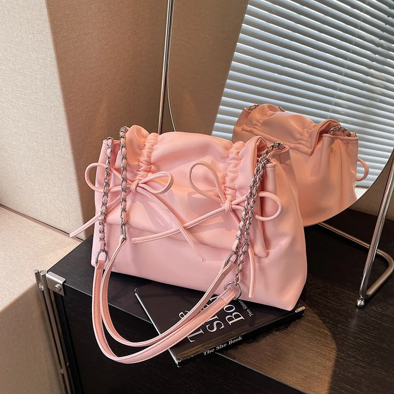 

Розовая большая сумка большой вместимости 2025, милая женская сумка через плечо с бантом, кошелек для студентов колледжа с несколькими карманами, легкий и просторный