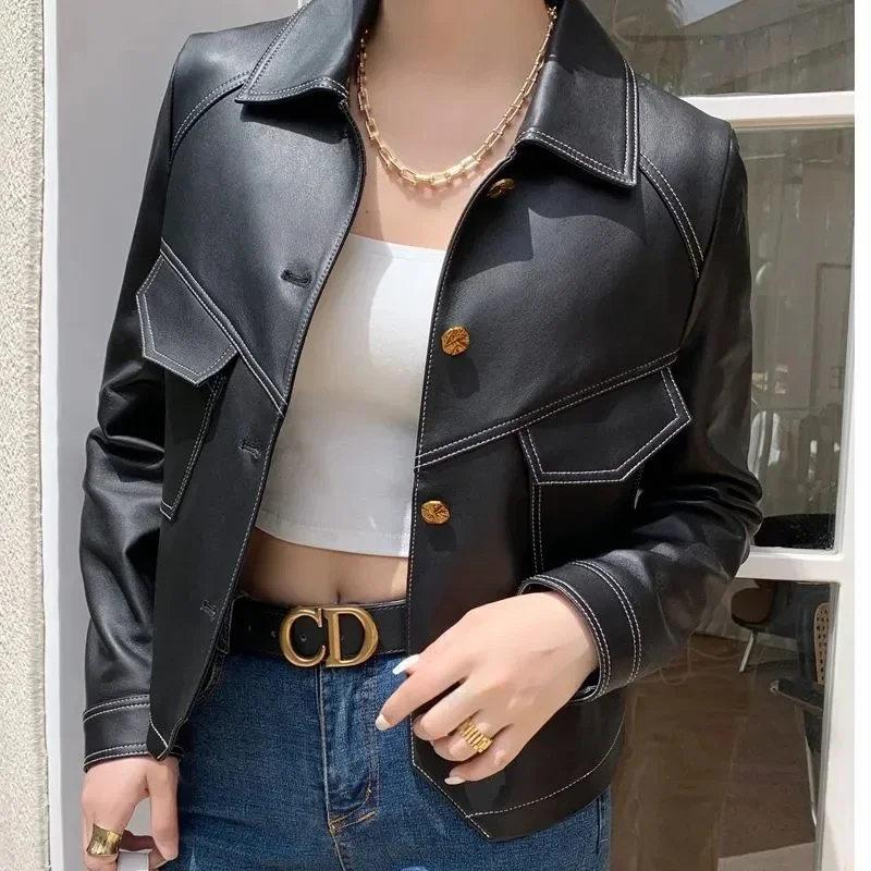 Caramel Black Leather Jacket Women Spring Autumn Jackets Fashion Pocket PU Leather Coat Single-Breasted Coat Female Outwear