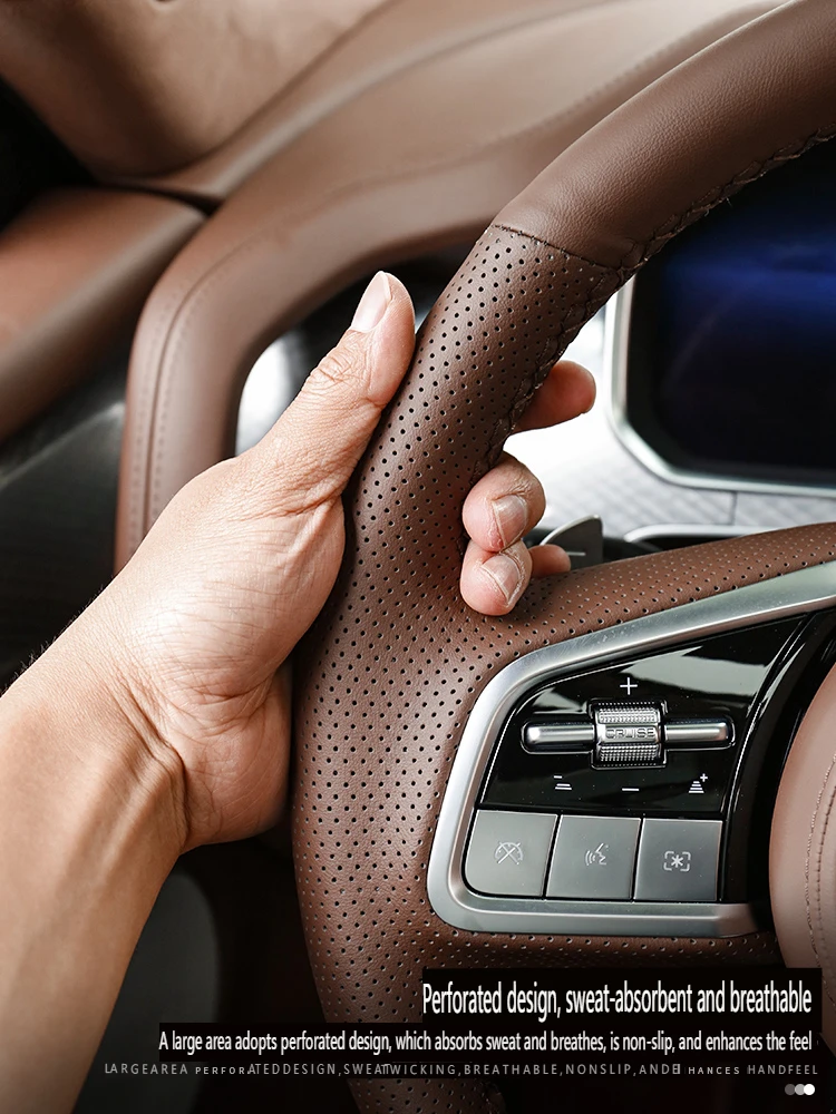 DIY Hand Sewing Steering Wheel Cover for Great Wall Tank 700 Car Genuine Leather Interior Accessories Coffee Color