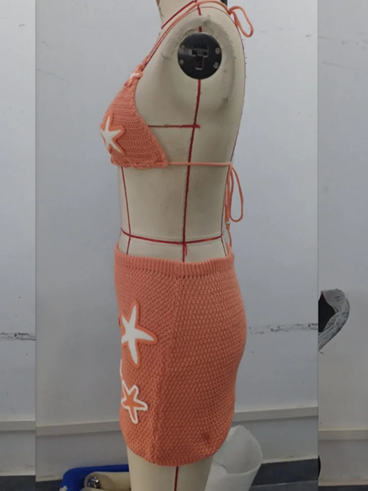 النساء Y2K 2 قطعة الكروشيه متماسكة تنورة مجموعة الجوف خارج كامي عالية الخصر التنانير الصغيرة ثلاثية الأبعاد زهرة التستر بحر #2