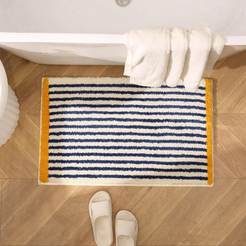 Tufting Blue Stripe Bathroom Mat Bathmat Long Living Room Carpet Bedside Rug Soft Bedroom Floor Tidy Pad Aesthetic Home Decor