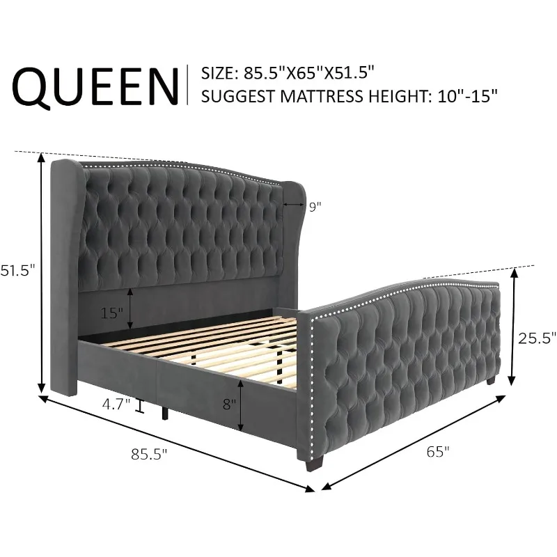 Queen Platform Bed Frame, Velvet Upholstered Bed, Deep Button-down and Nail-head Embellished Wing Back Headboard