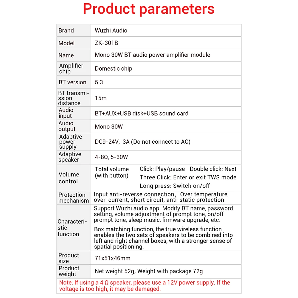 ZK-301B 30W Mono Audio Amplifier Board Bluetooth 5.3 Sound Amplifier Module with True Wireless TWS AMP Module Home Theater