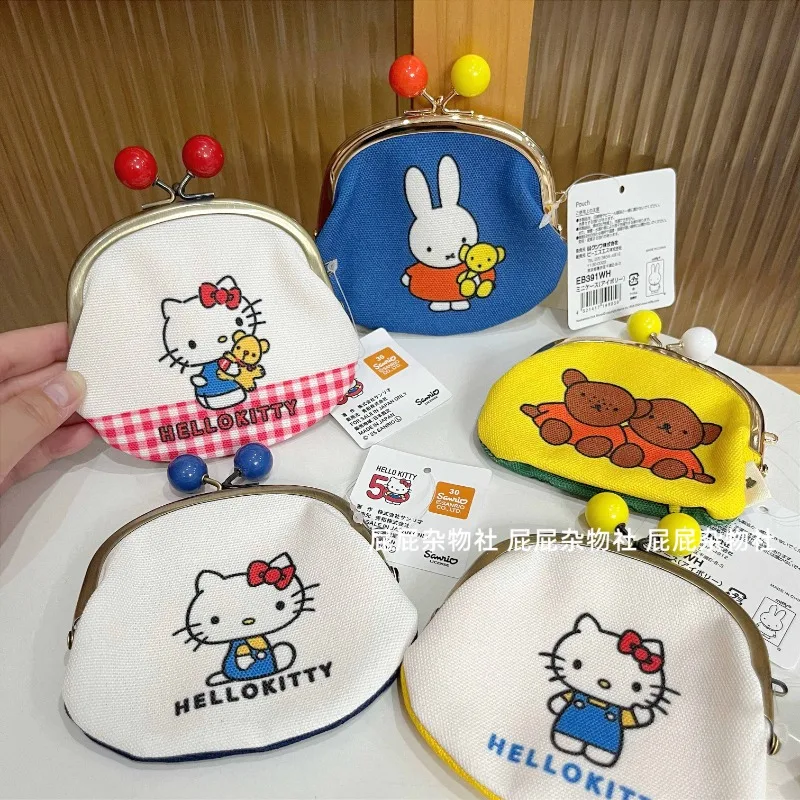 

Cute Cartoon Hello Kitty Canvas Gold Bag Girl Kawaii Sanrios Mini Coin IC Card Wallet Ring Accessories Small Storage Bag Gifts