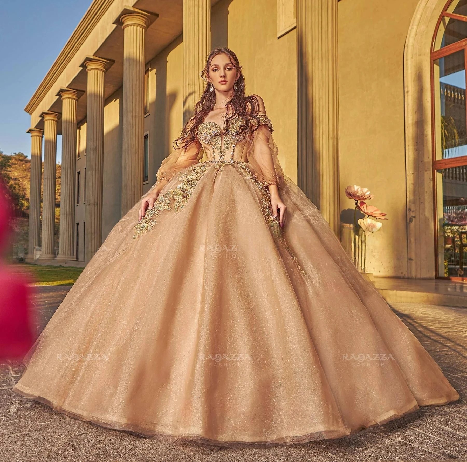 

Champagne Charro Quinceanera Dresses Ball Gown Off The Shoulder Appliques Pearls Mexican Sweet 16 Dresses 15 Anos