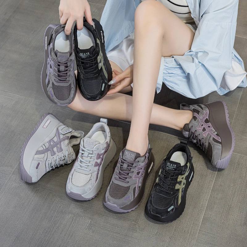 

Womens Multi Color Mesh Platform Sneakers With Rhinestone Accent Hidden Heel Lift Casual Lace Up Shoes For Daily Street Style