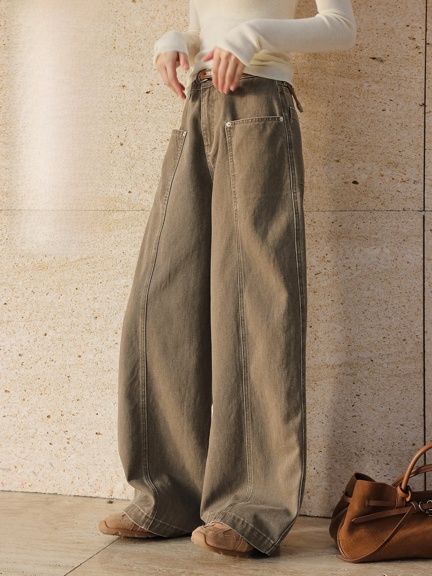 

JWUNIQUE Easypants ey Mist Wide Leg Straight Cut Jeans Women's Loose Fit l Waist ket Detail Winter Collection