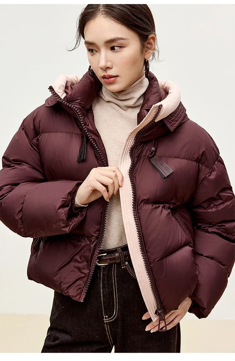 SENTUBILA Hooded Short Down Jacket Women 2024 Winter 90% White Duck Down Short Coats Woman Stand Neck Zipper Outerwear W44Y56085