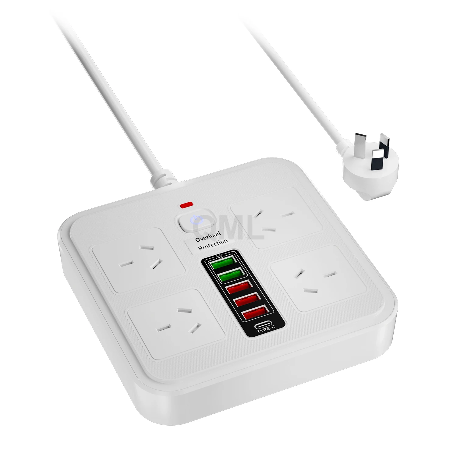 

AU Plug 4AC Output Australian Power Socket Board 5 USB 1 Type-C Port 2M Extension Wire 250V Overload Protection AU Power Strip