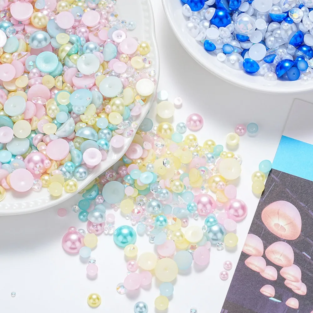 Set 30G Mermaid Pearl Beads Mixed Size Flat Back AB Pearl Resin Half Round Circular Pearls for Nail Art Makeup and Craft Jewelry