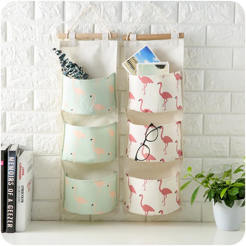 Cartoon Cotton-Linen Triple-Tier Storage Hanging Bag, Flamingo-Themed Wall-Mounted Closet Organizer for Behind-Door Clutter-Free