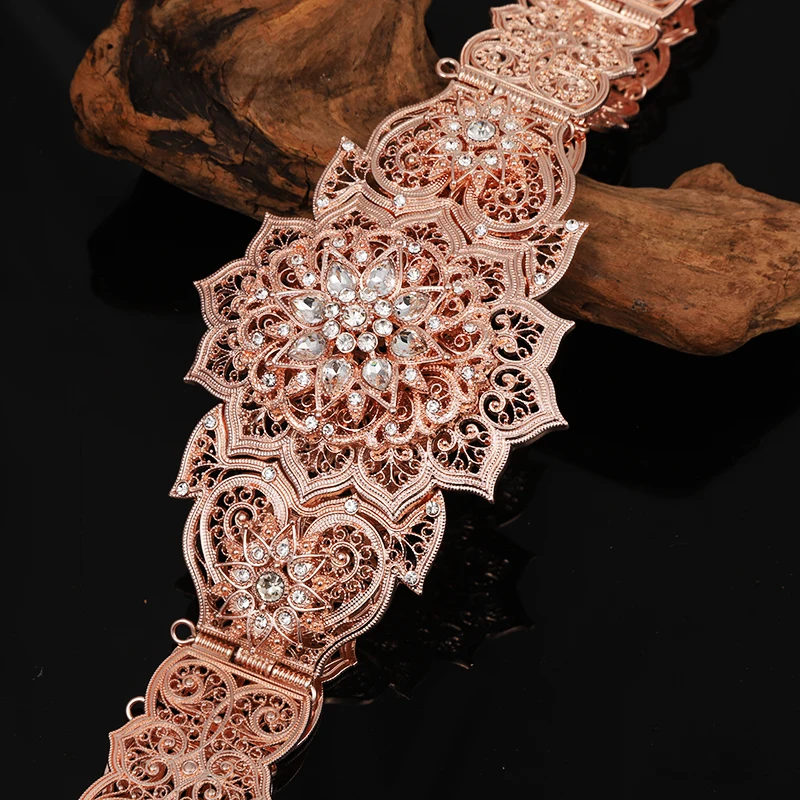 Rose Gold  Color Caucasus Traditional Waist Belts for Women Metal Sparkly Crystal Wedding Dress Waist Chains Wedding Sash