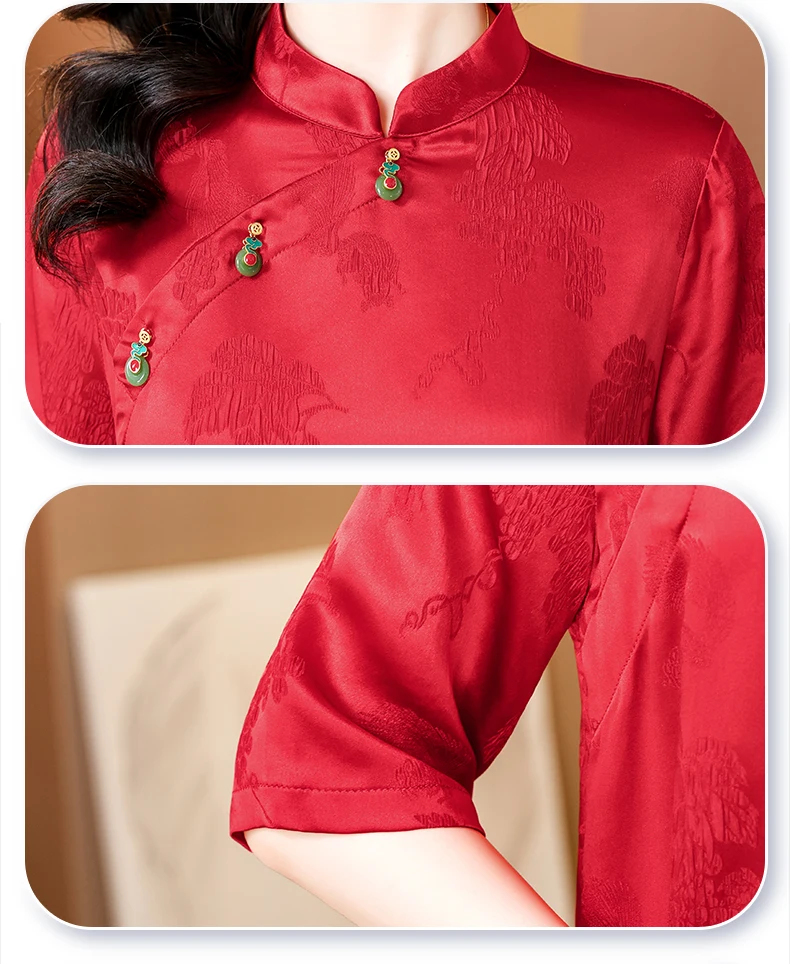 2024 Summer New Red Silk O-neck Short sleeved Dress for Women's Moms Loose Large Size Knee length Cheongsam Long Dress