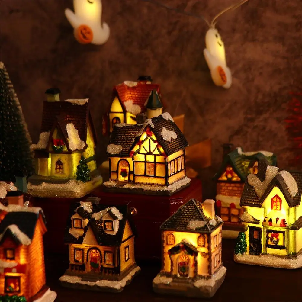 New Year Xmas Gift Mini Figurine Miniatures Resin Craft Ornament LED Light Christmas Decoration Village House