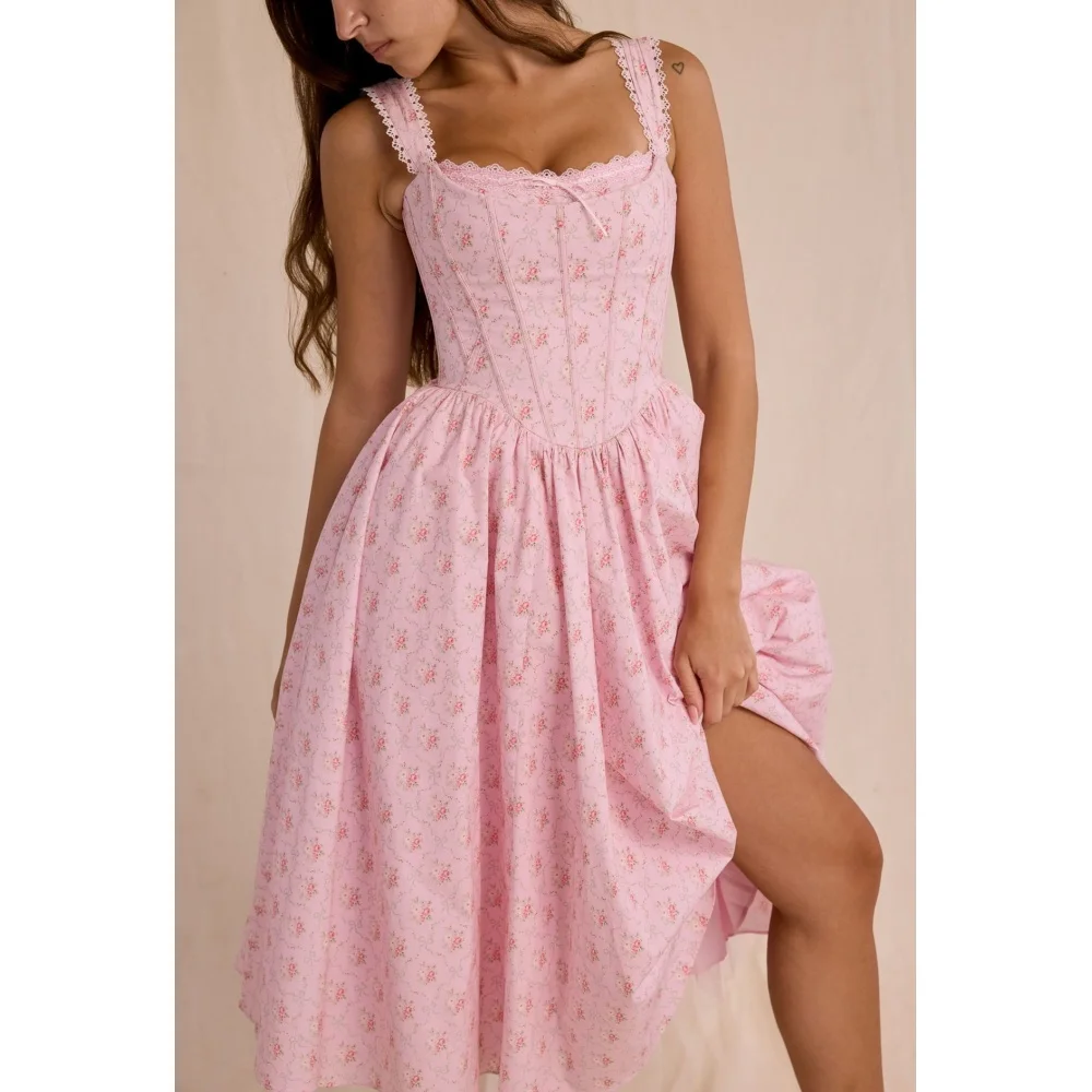 European and American 2026 new women's light pink floral lace camisole waist waist mid length dress