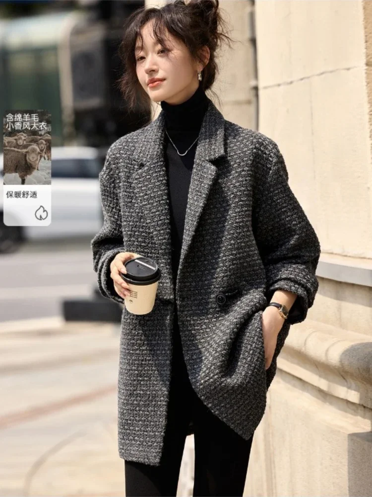 

Woman's Autumn/winter Cotton Retro Casual Short Woolen Blazer Coat British Style Loose Tweed Single-breasted Suit Collar Coats