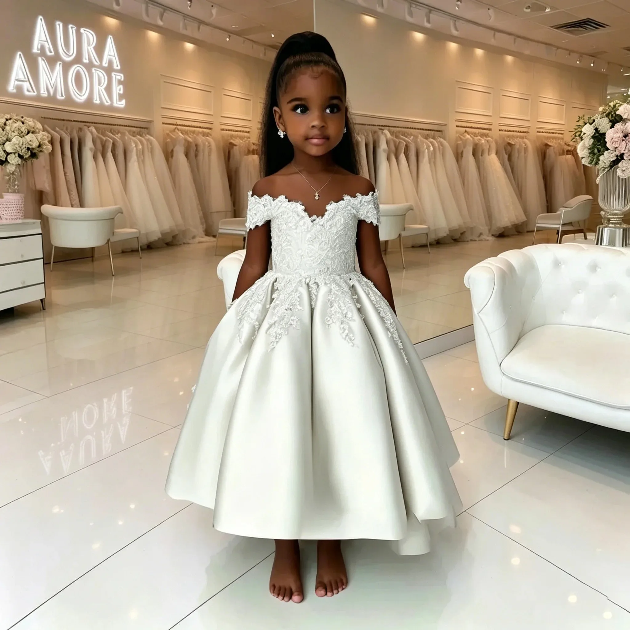 Maßgeschneidertes Großhandels-Elfenbein-Blumenmädchenkleid für Hochzeiten, Puffiges Satin-Spitzenapplikations-Kinderkleid für Geburtstagsfeiern, Erstkommunion, Ballkleid – Detail 4