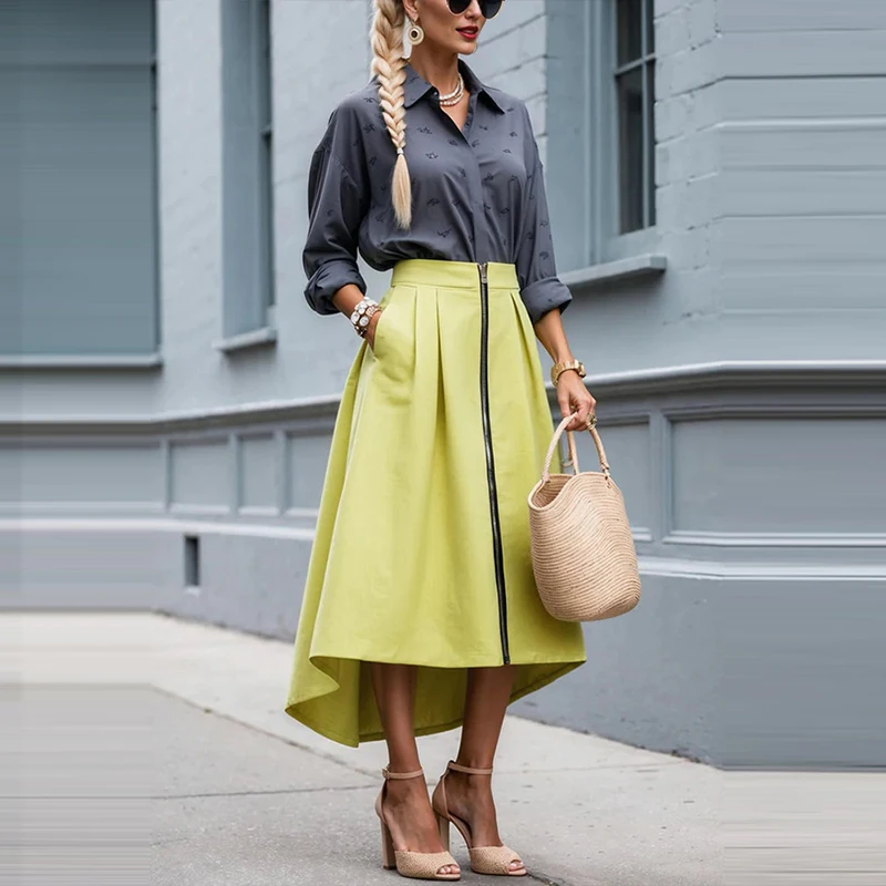 

Модные нерегулярные полуюбки на молнии, летние свободные плиссированные вечерние юбки трапециевидной формы, женские элегантные однотонные длинные юбки с карманами для поездок на работу