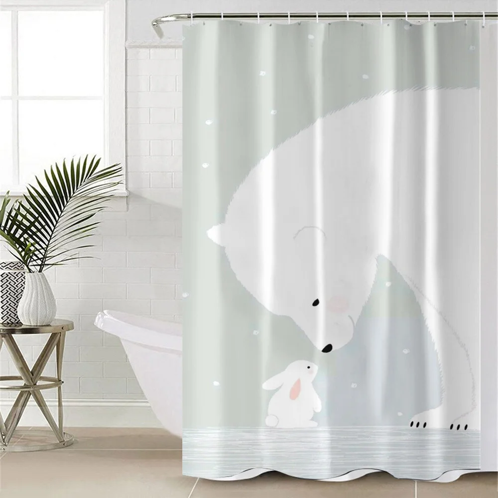 Shower Curtain Polar Bear White Rabbit Winter Scene Print Polyester 70.8x70.8 Inch Machine Washable