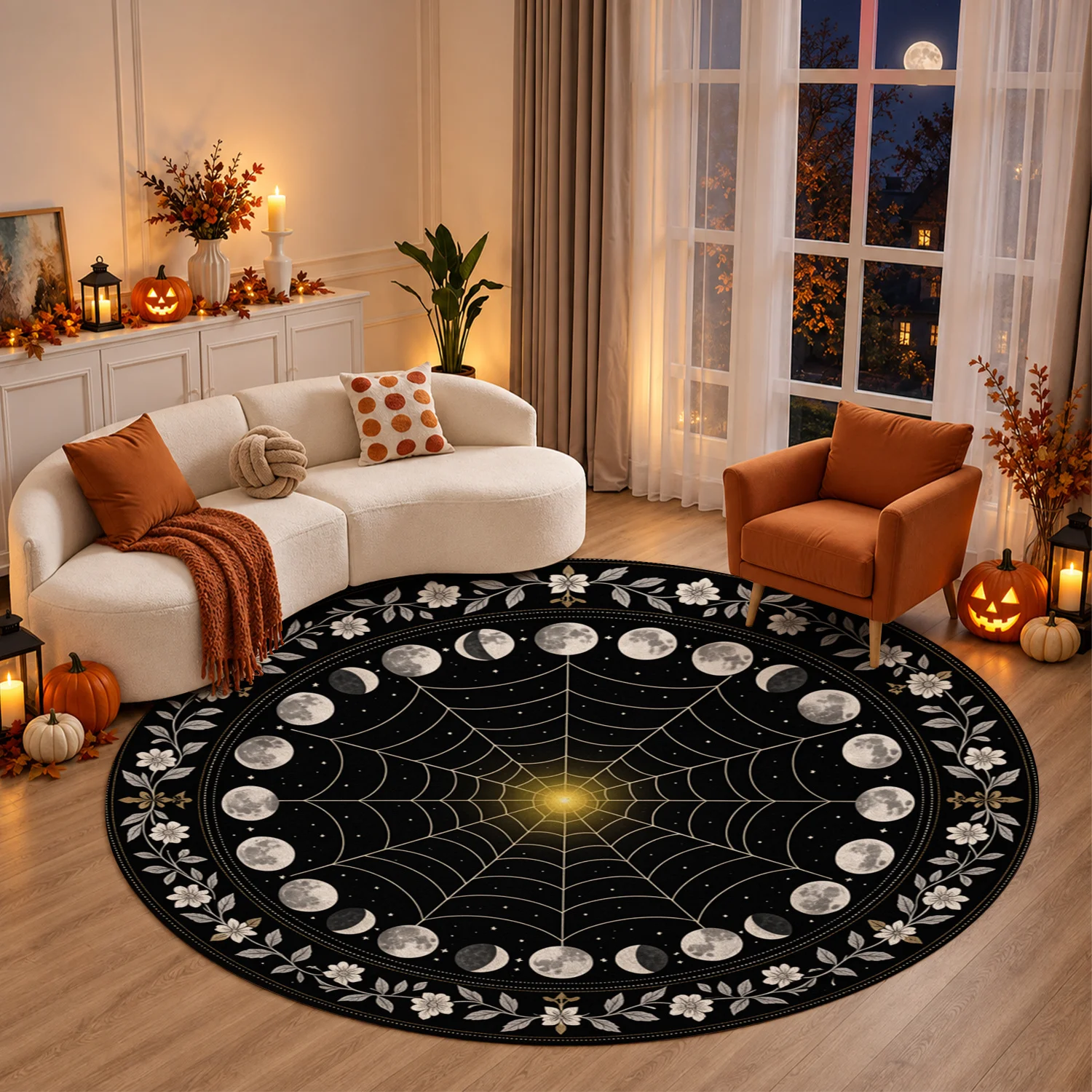 Moon Phase Spider Web Floral Pattern Round Velvet Area Rug, Machine Washable Soft Floor Carpet, Ideal for Living Room, Bedroom, Dining Room, Home Accent for Halloween, Thanksgiving, Christmas, New Year, Black Friday Decor