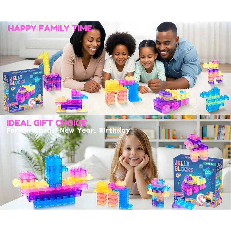 Squishy Jelly Building Blocks Soft Stretchy Sensory Toys Set Squeezable & Stretchable Construction Playset Puzzle Blocks view 6