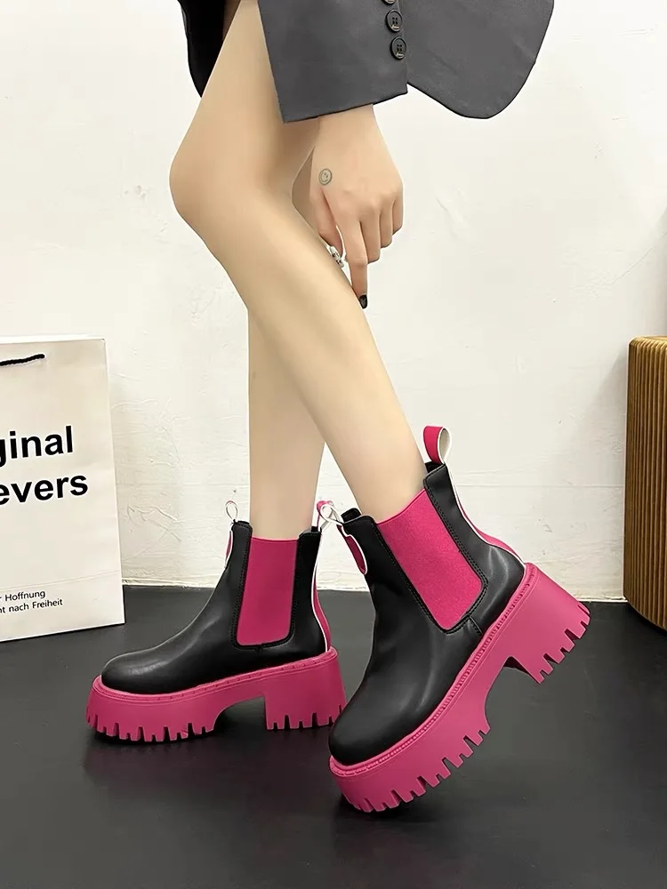 Matsuke-Botas altas y gruesas para mujer, botines coloridos de tubo de humo, botas cortas versátiles, novedad de otoño