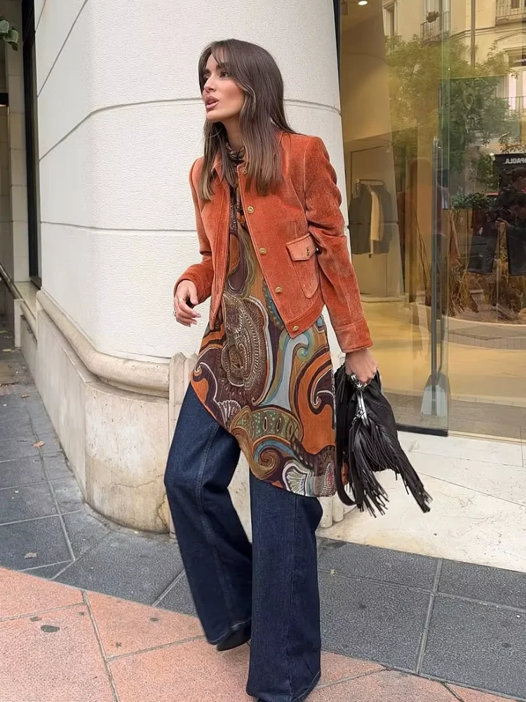 

Chic Orange Short Velvet Coat Casual Solid Lapel Single Breasted Pocket Loose Women Warm Outerwear Fashion Highstreet Jacket