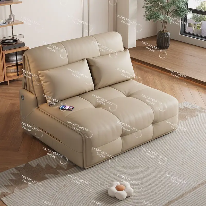 Leather electric sofa bed multifunctional living room  apartment bedroom foldable electric telescopic wireless remote control