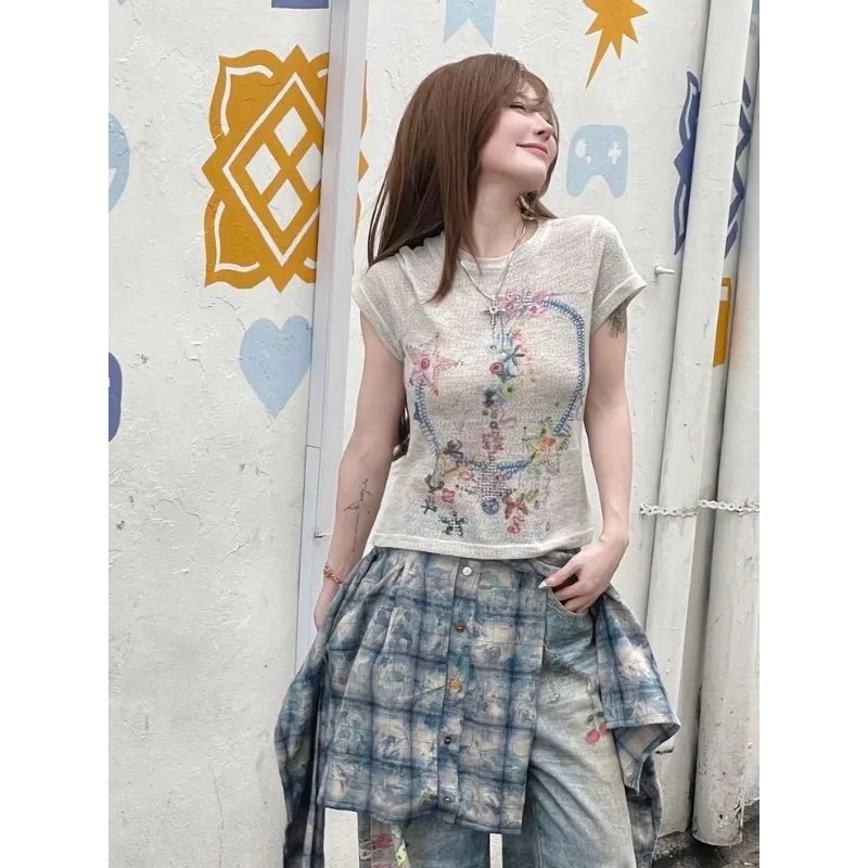 Niche Graffiti Design Print Loose and Versatile New Star Bow Note Colorful Gauze T-shirt
