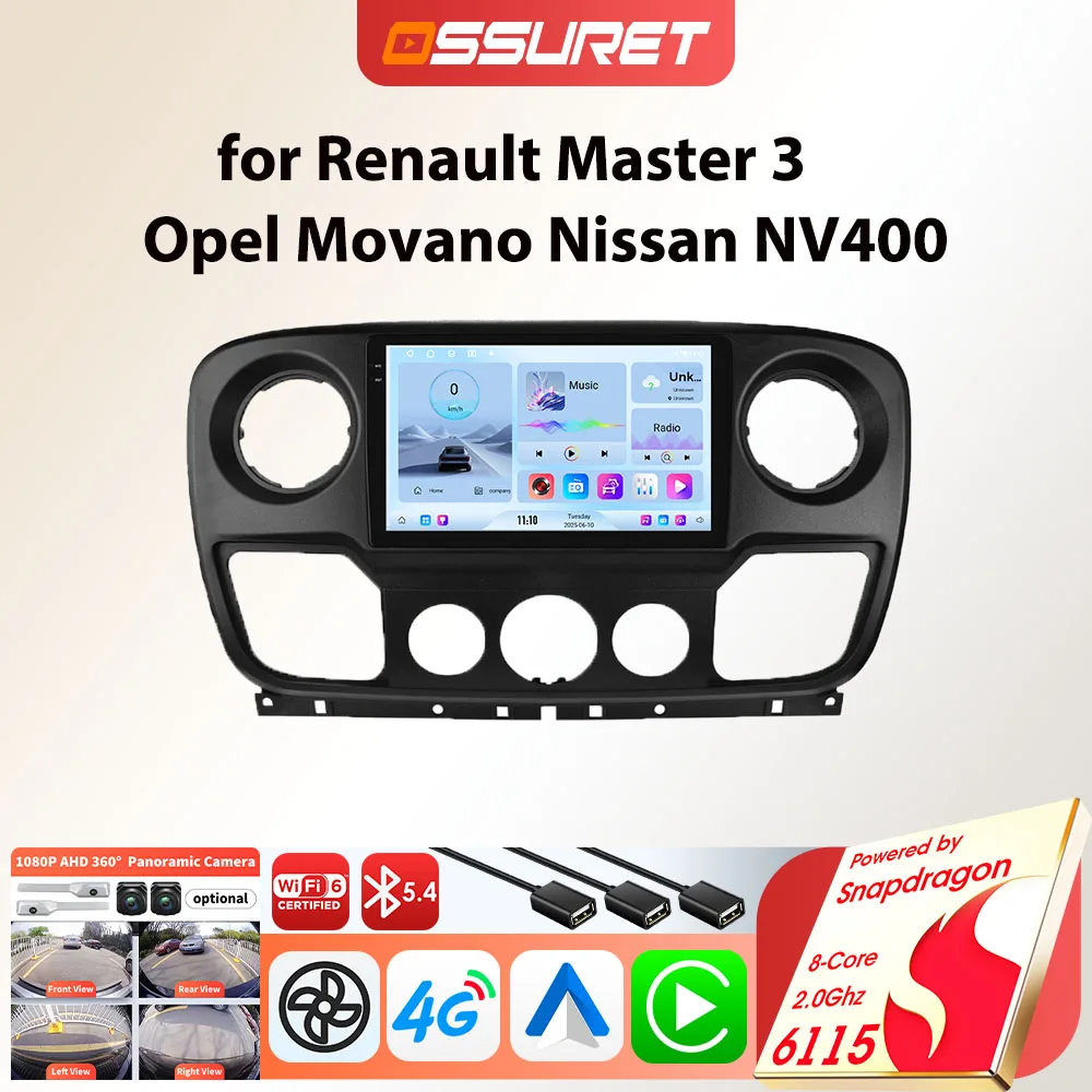 Lecteur d'autoradio Android pour Renault Master III 3 Nissan NV400 Opel Movano 2010-2021 Carplay GPS multimédia de voiture par Snapdragon 6115