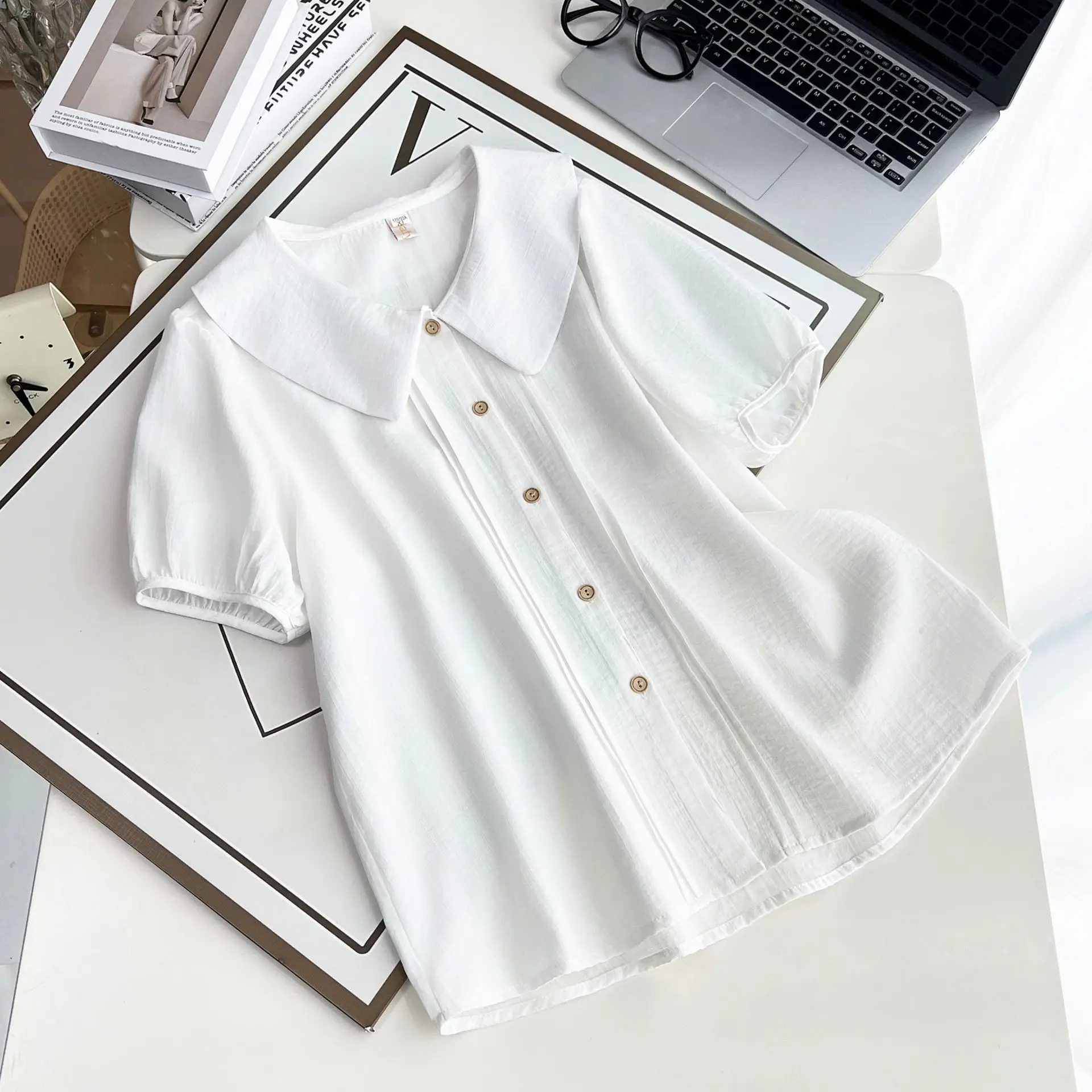 Verão novo plus size camisa feminina 100kg doce e elegante peter pan colarinho de algodão de bambu blusas de manga curta