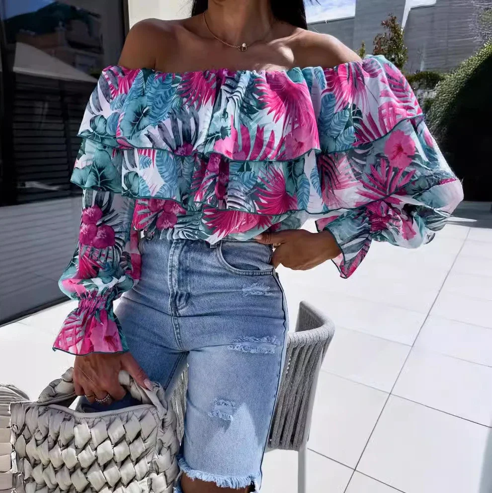 

Elegant Women's Clothing Tops 2024 Summer Sexy Fashion Off Shoulder Bubble Sleeve Print Tie Dye Casual Shirt Elegant Bloues