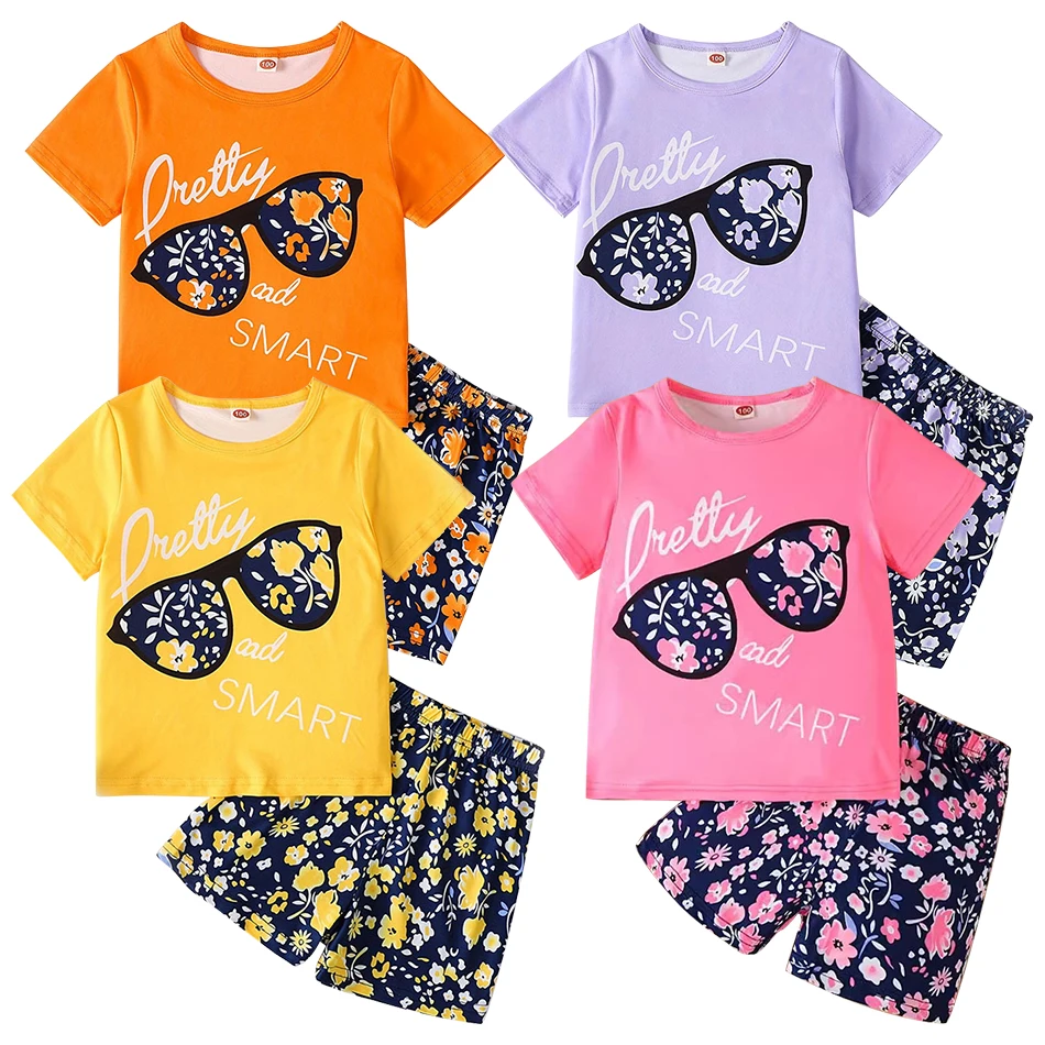 Children's Clothing Summer Girls Short Sleeved Shorts Set Glasses Printed Short Sleeved Floral Shorts Two Piece Set