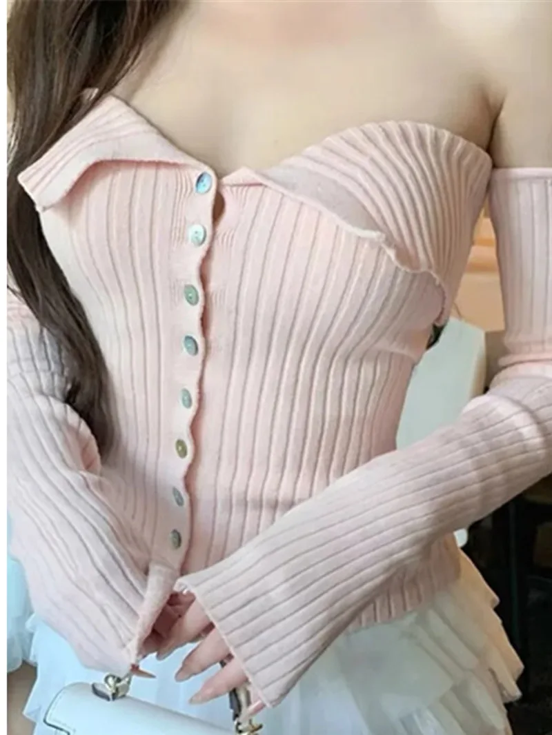 2024 Autumn/winter Sexy Slash Collar Off Shoulder Long Sleeve Knitted Pullover Women Single Breasted Solid Slim Sweater B49T