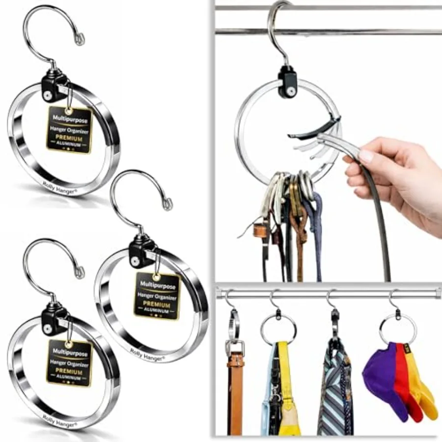 

® Премиальный вращающийся алюминиевый органайзер Closet Space Saver для ремней, галстуков, головных уборов и сумок, усиленный, на 60 предметов ° Поворотный механизм для организации пространства и M