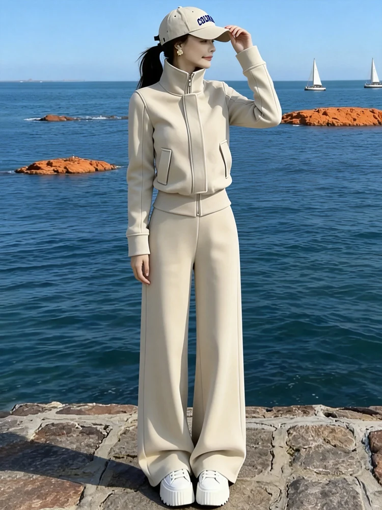 

Корейский стиль: женский утепленный спортивный костюм с флисовой подкладкой, повседневные широкие брюки и топ, комплект из двух предметов, зимний наряд, модное пальто