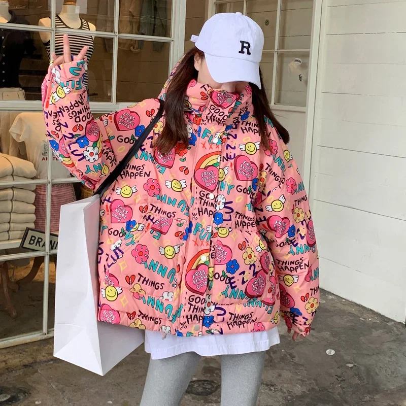 Winter Women's Korean Loose Thickening Hooded Mid-length Long-sleeve Warm Parkas 2023 New Letter Jacket Down Cotton Jackets Lady
